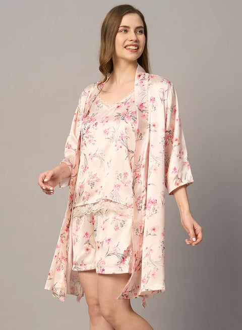 3 Pc Satin Cami Shorts with Robe Set